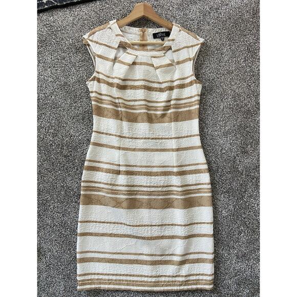 Lbisse Dress Size Medium Sleeveless Fitted Peeka Boo Cutouts White Beige Stripe - Picture 3 of 9